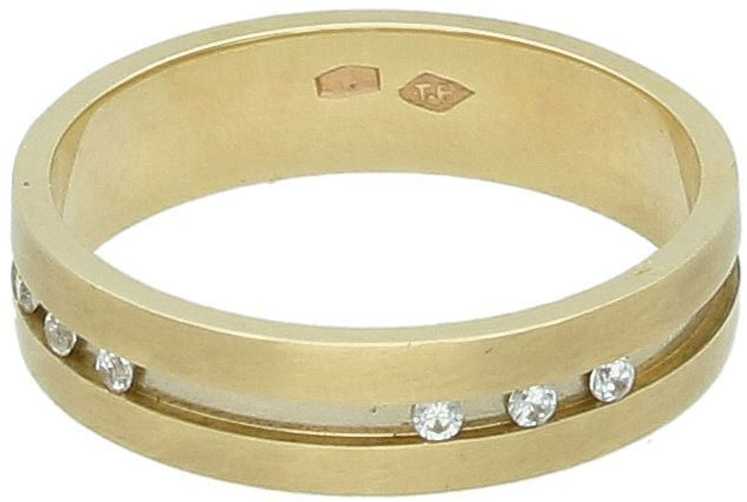 Złota obrączka płaska satynowa z cyrkoniami 585 – Elegancja i blask  Rozmiar 18.jpg